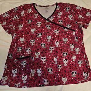 Pink w/ cat design Divine Curves Stretch scrubs top - 1X